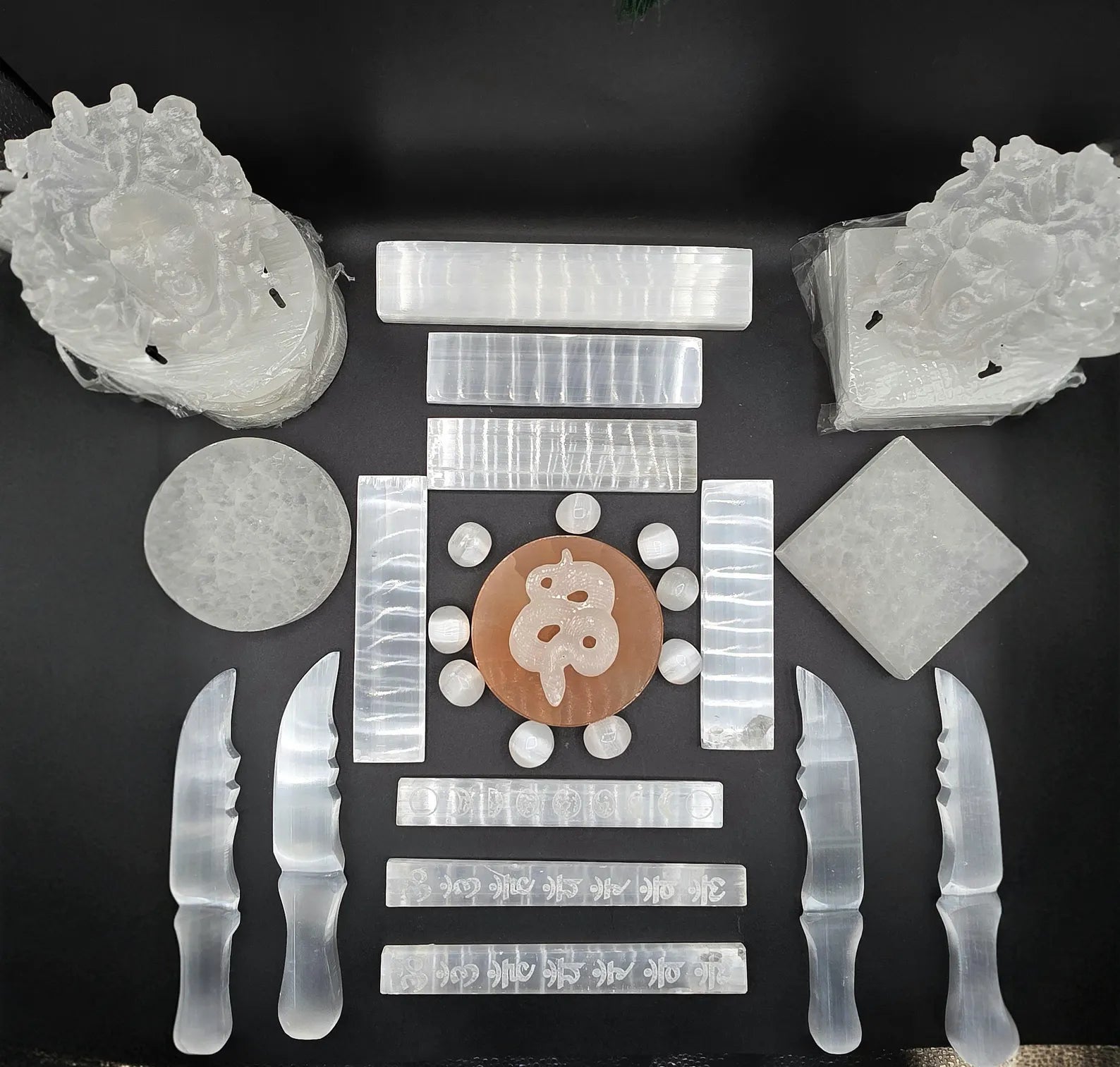 32 Pcs Selenite Variety Lot - Carvings, Slabs, Sticks Clearance One of A Kind