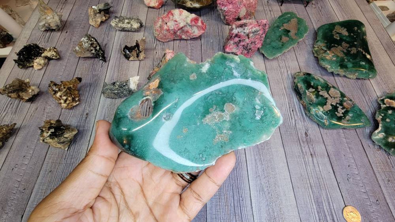 One Side Polished Emerald Chrysoprase Mtorolite from Zimbabwe - Chrome Chalcedony Comes with Display Stand