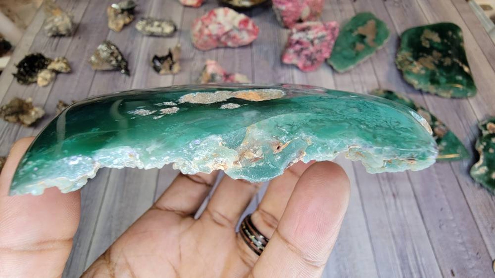 One Side Polished Emerald Chrysoprase Mtorolite from Zimbabwe - Chrome Chalcedony Comes with Display Stand