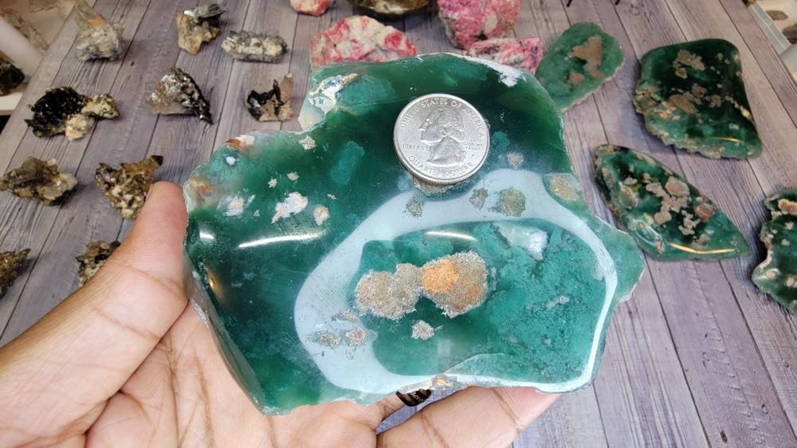 One Side Polished Emerald Chrysoprase Mtorolite from Zimbabwe - Chrome Chalcedony Comes with Display Stand