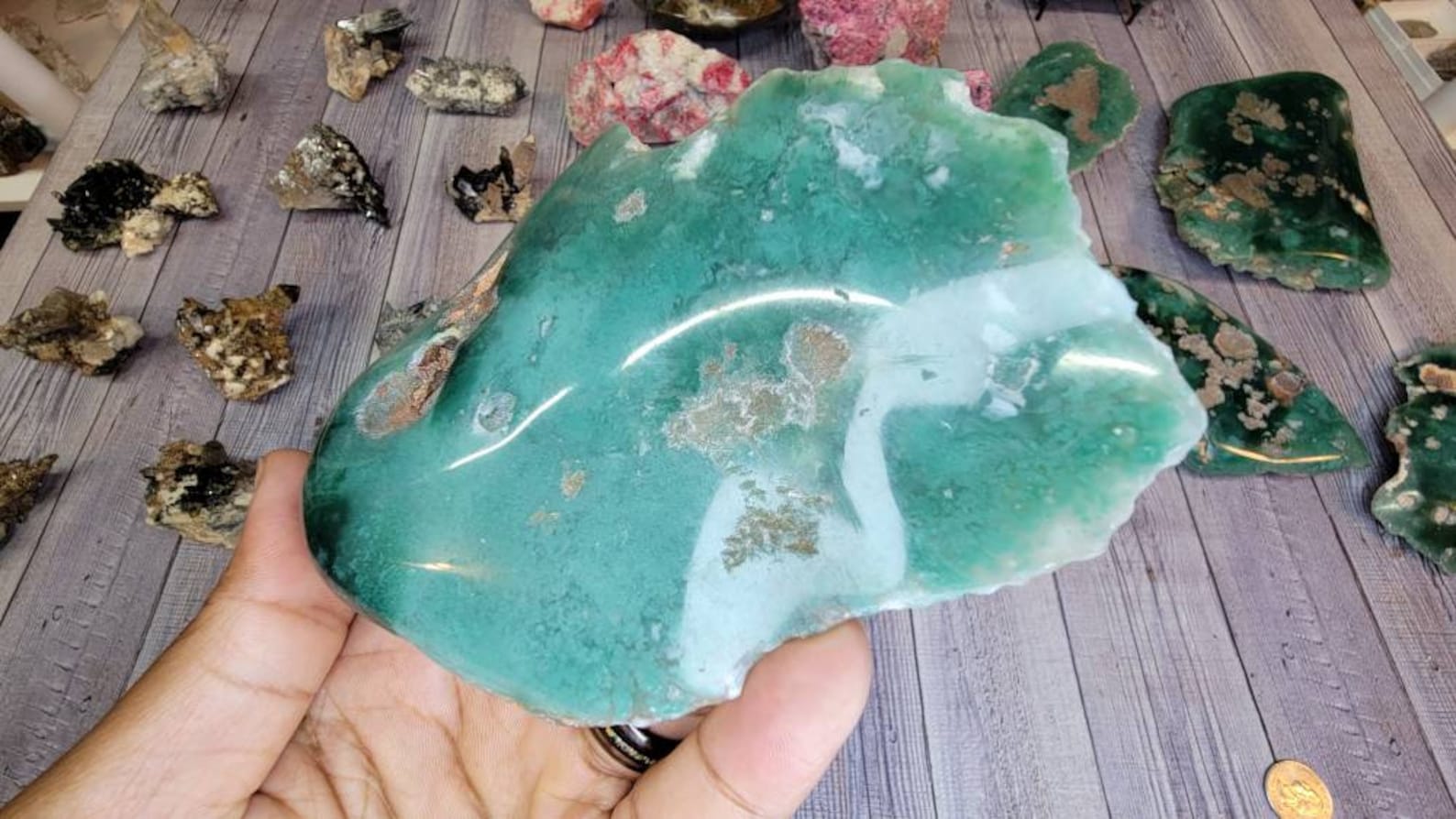 One Side Polished Emerald Chrysoprase Mtorolite from Zimbabwe - Chrome Chalcedony Comes with Display Stand