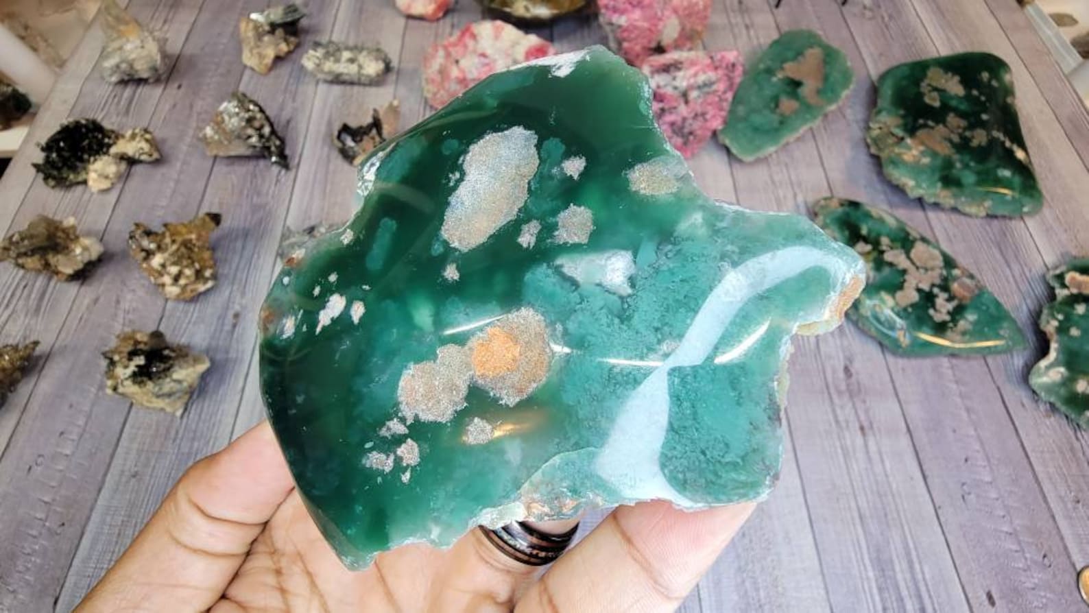 One Side Polished Emerald Chrysoprase Mtorolite from Zimbabwe - Chrome Chalcedony Comes with Display Stand