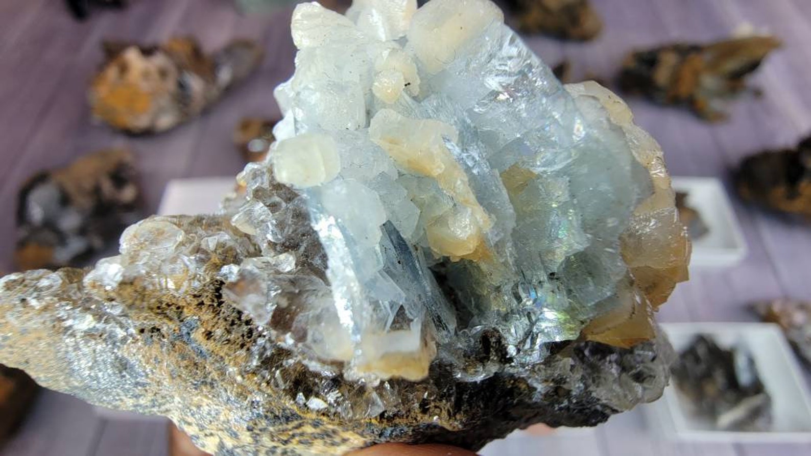 Rare Calcite Coated Blue Barite Crystal from Morocco