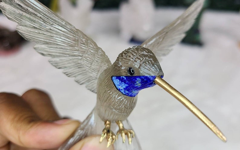 Beautiful Hummingbird on Cactus Carving Made With Natural Crystals