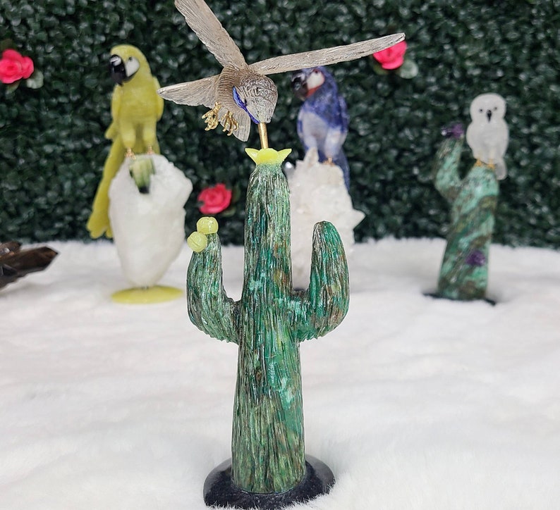 Beautiful Hummingbird on Cactus Carving Made With Natural Crystals