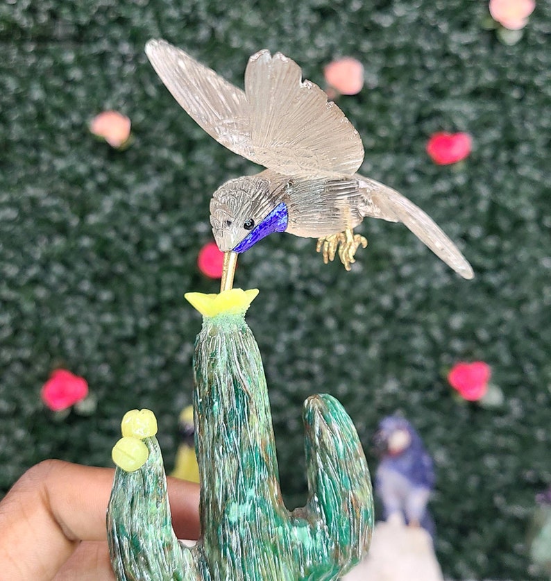 Beautiful Hummingbird on Cactus Carving Made With Natural Crystals