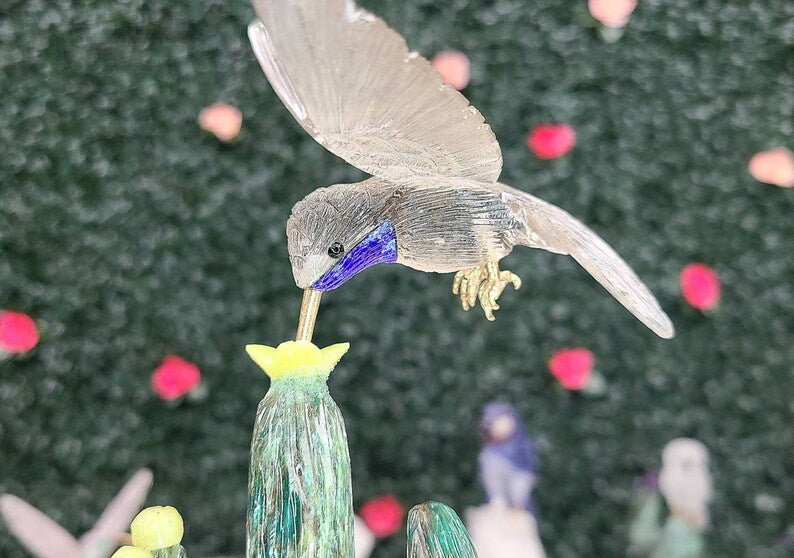 Beautiful Hummingbird on Cactus Carving Made With Natural Crystals