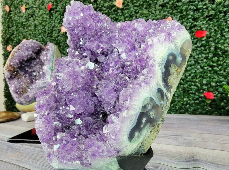 Polished Amethyst Cluster on Display Stand