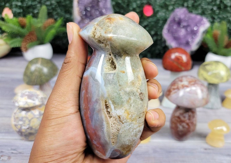 Large Gorgeous Ocean Jasper Mushroom with Druzy