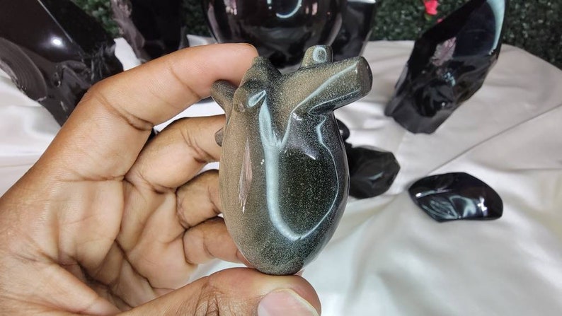 Golden Sheen Obsidian Anatomical Heart Carving