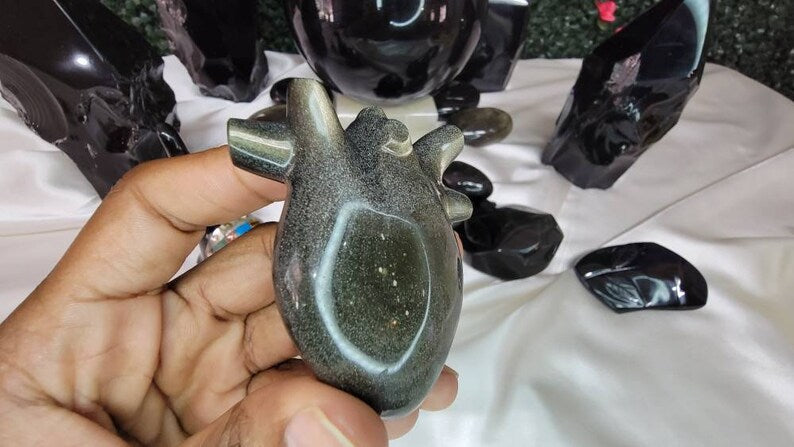 Golden Sheen Obsidian Anatomical Heart Carving