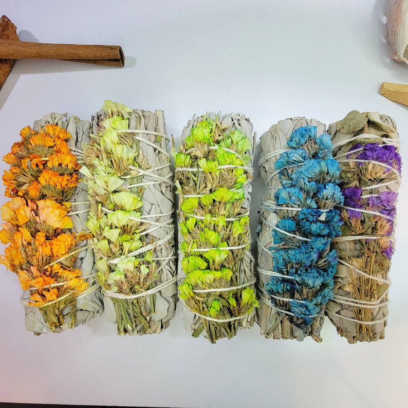4" Colorful White Sage Sticks with Sinuata Flowers