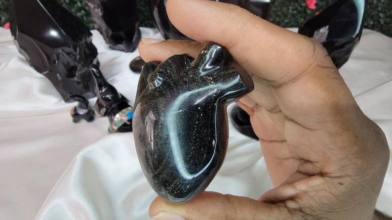 Golden Sheen Obsidian Anatomical Heart Carving