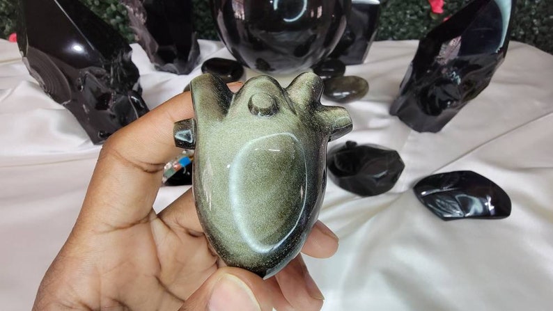 Golden Sheen Obsidian Anatomical Heart Carving