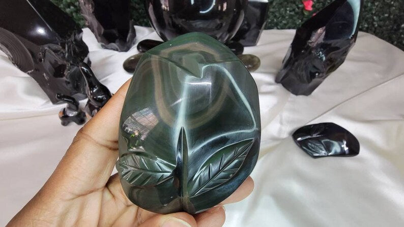 Unique Rainbow Obsidian Rose Flower Carving