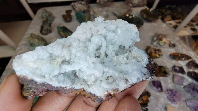 Rare Crystallized Blue Aragonite Specimen on Goethite from Mexico