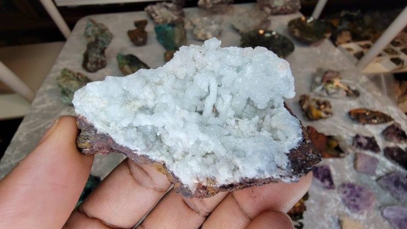 Rare Crystallized Blue Aragonite Specimen on Goethite from Mexico