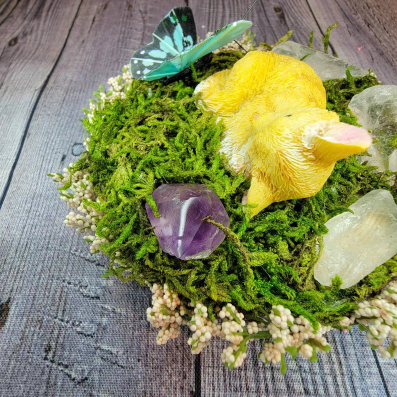 Fairy Garden Decor - Sleeping Cat in Nature with Crystals