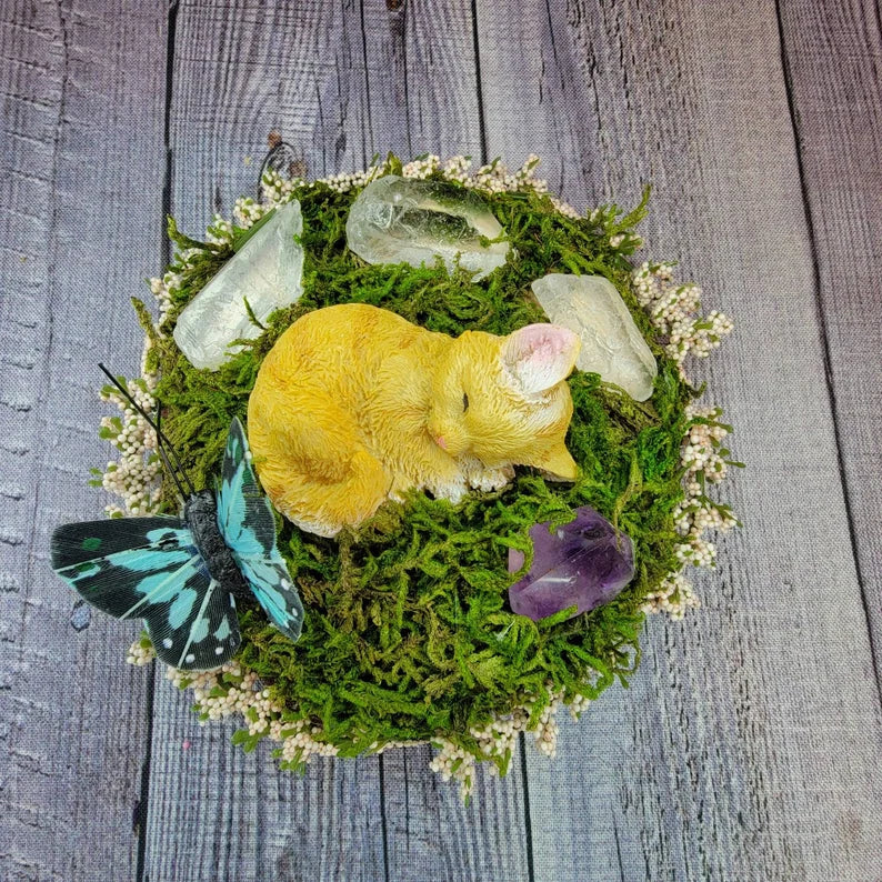 Fairy Garden Decor - Sleeping Cat in Nature with Crystals