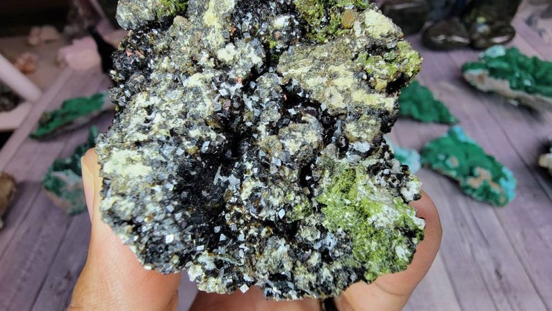 Peridot, Epidote, Black Garnet, and Calcite Combination - Collector Mineral Specimen