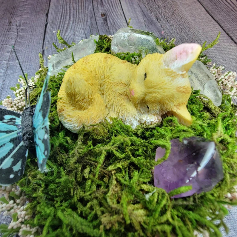 Fairy Garden Decor - Sleeping Cat in Nature with Crystals