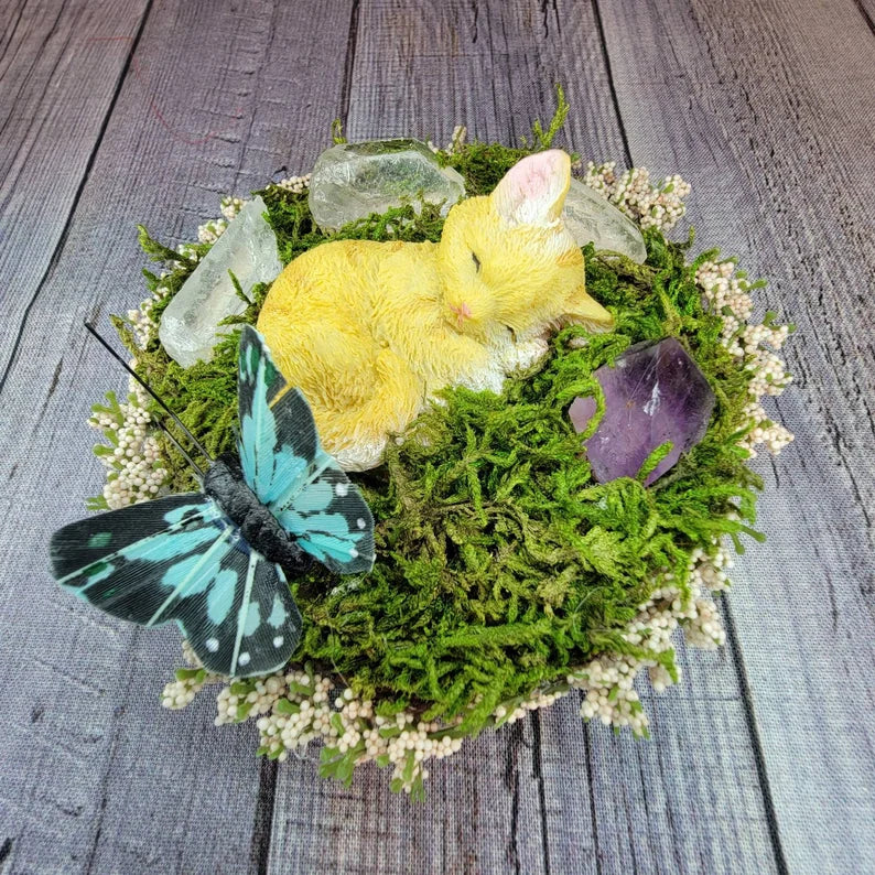 Fairy Garden Decor - Sleeping Cat in Nature with Crystals