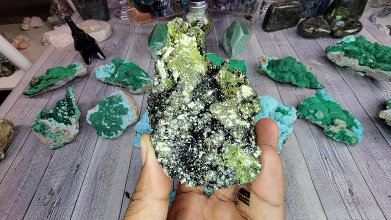 Peridot, Epidote, Black Garnet, and Calcite Combination - Collector Mineral Specimen