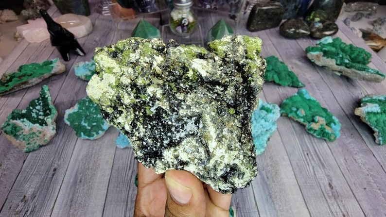 Peridot, Epidote, Black Garnet, and Calcite Combination - Collector Mineral Specimen