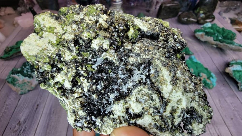 Peridot, Epidote, Black Garnet, and Calcite Combination - Collector Mineral Specimen