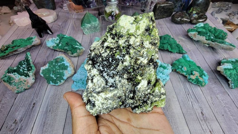 Peridot, Epidote, Black Garnet, and Calcite Combination - Collector Mineral Specimen