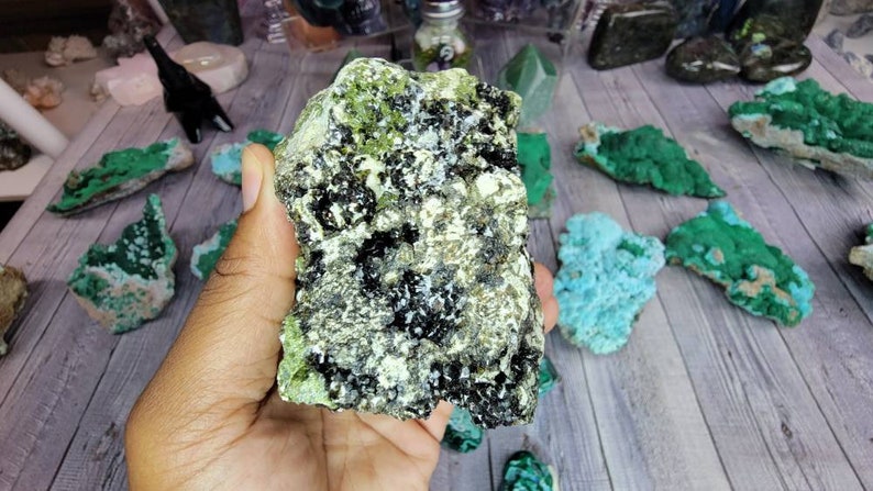 Peridot, Epidote, Black Garnet, and Calcite Combination - Collector Mineral Specimen